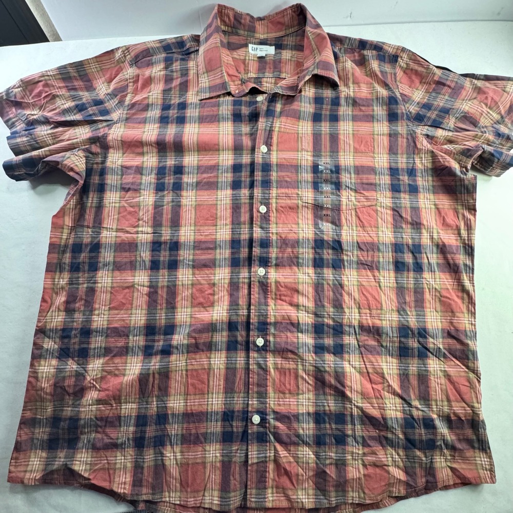 Gap XXL Slim Fit Stretch Poplin Plaid Short Sleeve Button Down Shirt Red Blue